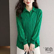 【初色】翻領蕾絲拼接假兩件寬鬆薄款針織上衣-共5色-67053(M-2XL可選) XL 綠色