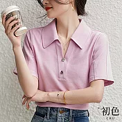 【初色】素色POLO領休閒寬鬆短袖T恤上衣-共2色-68291(M-2XL可選) L 紫粉色