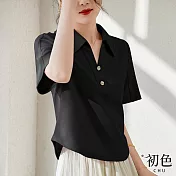 【初色】素色POLO領休閒寬鬆短袖T恤上衣-共2色-68291(M-2XL可選) L 黑色