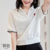 【初色】POLO領玫瑰印花休閒短袖T恤上衣-共2色-67459(M-2XL可選) M 本白