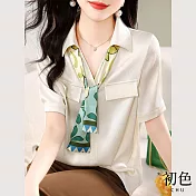 【初色】時尚印花絲巾短袖翻領襯衫上衣-米色-67302(M-XL可選) M 米色