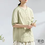 【初色】寬鬆棉麻風純色立領泡泡袖襯衫上衣-共2色-67325(M-2XL可選) 2XL 淺綠色