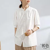 【初色】寬鬆棉麻風純色立領泡泡袖襯衫上衣-共2色-67325(M-2XL可選) L 杏色