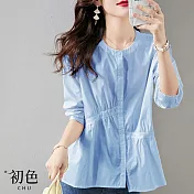 【初色】甜美風褶皺七分袖素色圓領寬鬆襯衫上衣-共2色-67303(M-2XL可選) L 藍色