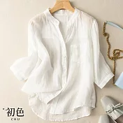 【初色】純色寬鬆棉麻風七分袖襯衫上衣-共3色-67167(M-2XL可選) L 白色
