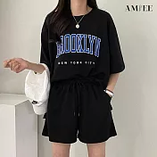 【AMIEE】字母球衣風休閒運動套裝(KDA-052) XL 黑色