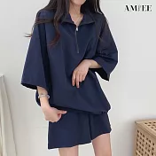 【AMIEE】高領球衣風休閒運動套裝(KDA-073) XL 藏藍