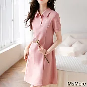【MsMore】 兔子刺繡POLO連身裙短袖休閒粉嫩中長版洋裝# 117462 M 粉紅色