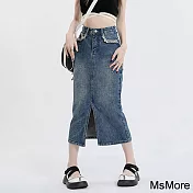 【MsMore】 牛仔裙口袋滾蕾絲邊半身裙高腰顯瘦A字長版裙# 117479 L 牛仔藍色