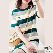【初色】圓領撞色條紋拼接動物LOGO短袖休閒連身裙洋裝-綠色-67860(M-2XL可選) M 綠色