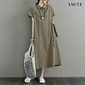 【AMIEE】日系氣質棉麻洋裝(KDDY-6137) 3XL 軍綠