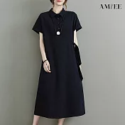 【AMIEE】日系氣質棉麻洋裝(KDDY-6137) 3XL 黑色