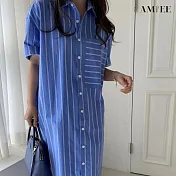 【AMIEE】寬鬆線條襯衫洋裝(KDDY-1436) S 藍色