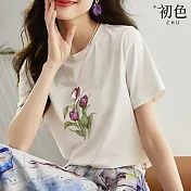 【初色】紫鬱金香印花休閒短袖T恤-白色-67236(M-2XL可選) M 白色