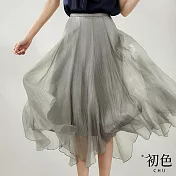 【初色】浪漫木耳邊不規則雪紡半身裙長裙-共4色-67387(M-XL可選) M 灰綠色