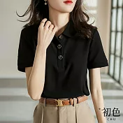 【初色】襯衫領金屬扣飾POLO衫造型T恤上衣-黑色-67386(M-2XL可選) L 黑色