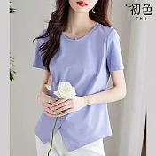 【初色】簡約素色短袖圓領修身T恤上衣-共4色-67473(M-2XL可選) 2XL 紫色
