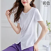 【初色】簡約素色短袖圓領修身T恤上衣-共4色-67473(M-2XL可選) 2XL 白色