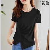 【初色】簡約素色短袖圓領修身T恤上衣-共4色-67473(M-2XL可選) 2XL 黑色