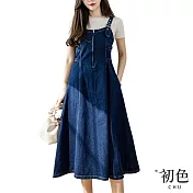【初色】拉鍊休閒牛仔背帶裙中長連身裙連衣裙洋裝-藍色-67500(M-2XL可選) M 藍色