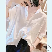 【初色】簡約棉麻風撞色線條圍領襯衫上衣-白色-67179(L-XL可選) L 白色