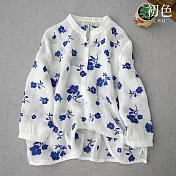 【初色】立領單排扣花朵印花九分袖襯衫上衣-共2色-67197(M-2XL可選) L 藍色