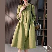 【初色】素色棉麻風翻領單排扣七分袖連身洋裝-共2色-67205(M-2XL可選) 2XL 綠色