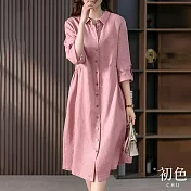 【初色】素色棉麻風翻領單排扣七分袖連身洋裝-共2色-67205(M-2XL可選) 2XL 粉色
