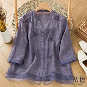 【初色】拼接棉麻風中式復古刺繡V領開衫上衣-共3色-67180(M-2XL可選) L 紫色