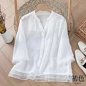 【初色】拼接棉麻風中式復古刺繡V領開衫上衣-共3色-67180(M-2XL可選) L 白色
