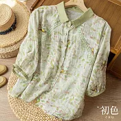 【初色】棉麻風印花寬鬆七分袖襯衫上衣-共3色-67187(M-2XL可選) M 綠色