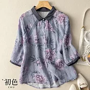 【初色】棉麻風印花寬鬆七分袖襯衫上衣-共3色-67187(M-2XL可選) M 紫色