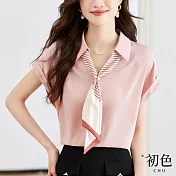【初色】翻領條紋領巾拼接寬鬆短袖襯衫上衣-共2色-68405(M-2XL可選) M 粉紅色