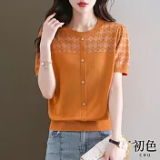 【初色】時尚撞色格紋圓領針織衫短袖T恤上衣-共色-68383(F可選) F 橘色