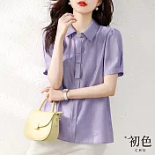 【初色】素色翻領愛心釘珠泡泡短袖襯衫上衣-紫色-68409(M-2XL可選) L 紫色
