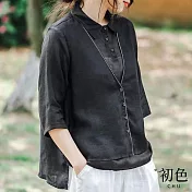 【初色】夏季薄款假兩件翻領五分袖短袖排扣襯衫上衣-共4色-68459(M-2XL可選) M 黑色