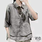 【初色】夏季薄款假兩件翻領五分袖短袖排扣襯衫上衣-共4色-68459(M-2XL可選) M 灰色