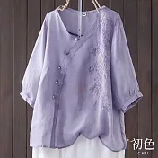 【初色】古風V領斜襟刺繡五分袖短袖T恤上衣-共3色-68450(M-2XL可選) M 紫色