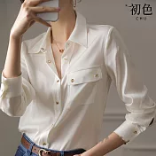 【初色】復古時尚緞面感POLO領襯衫上衣-共2款-67327(M-2XL可選) XL 長袖白