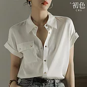【初色】復古時尚緞面感POLO領襯衫上衣-共2款-67327(M-2XL可選) XL 短袖白