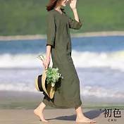 【初色】大碼寬鬆素色V領棉麻風五分短袖連身裙洋裝-亞麻綠-67320(M-2XL可選) M 亞麻綠
