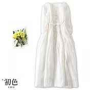 【初色】文藝棉麻風圓領壓摺收腰繫帶多層拼接連身洋裝-共2色-67428(M-2XL可選) M 白色