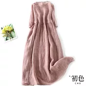 【初色】文藝大碼七分袖圓領連身洋裝-共2色-67475(M-2XL可選) M 粉色