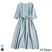 【ACheter】 素雅簡約棉麻連衣裙文藝圓領五分短袖系腰帶大擺長版洋裝# 117635 M 藍色