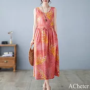 【ACheter】 粉橘花圓領棉麻印花無袖背心連身裙收腰長版洋裝# 117728 M 橘色