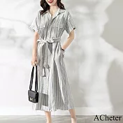【ACheter】 法式長款豎條紋襯衫連身裙簡單大方氣質收腰輕熟風短袖長版洋裝# 117745 M 條紋色