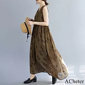 【ACheter】 文藝氣質連身裙無袖V領咖啡蘆葦印花雪紡背心長裙A字洋裝# 117749 M 咖色