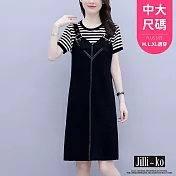 【Jilli~ko】假兩件扣帶造型拼接連衣裙 L J10608 L 黑條紋