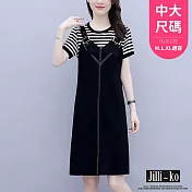 【Jilli~ko】假兩件扣帶造型拼接連衣裙 L J10608  L 黑條紋