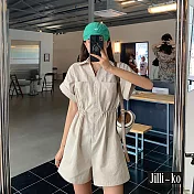 【Jilli~ko】韓版休閒工裝抽繩收腰鹽系闊腿連體短褲 J10675 FREE 杏色